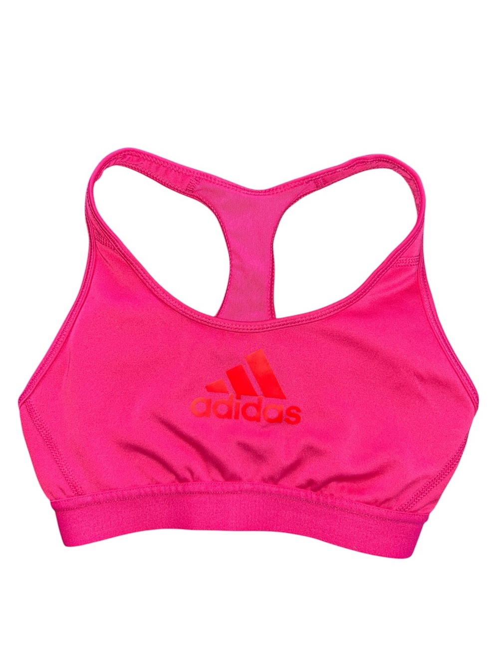 adidas Don’t Rest Alphaskin Hot Pink mesh Racerback Sport Bra with Red Logo